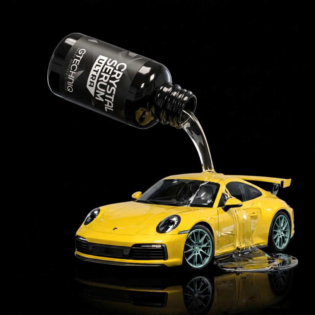 Gtechniq Crystal Serum Ultra ceramic coating being poured over a yellow Porsche